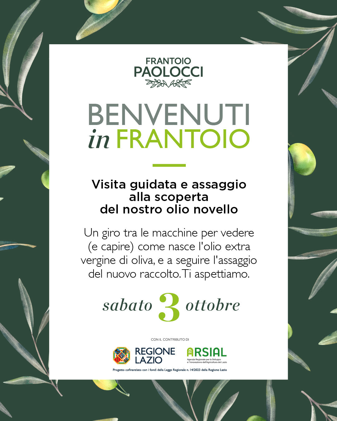 Benvenuti in Frantoio: il 3 ottobre visita guidata e assaggio dell’olio novello