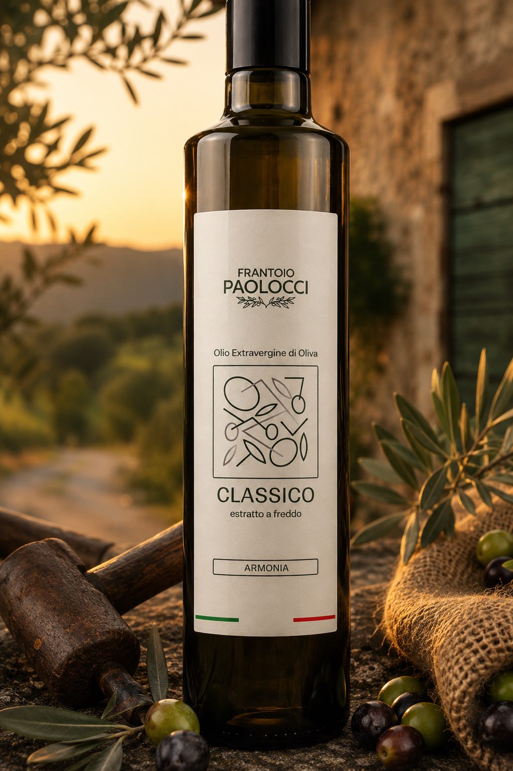 Bottiglia di olio extravergine di oliva Classico Armonia Frantoio Paolocci ambientata tra olivi e paesaggio rurale a Vetralla